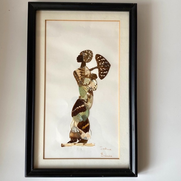 Vintage AFRICAN BUTTERFLY ART Framed Tribal Woman Collage Picture Artist’s Signe - Picture 1 of 6
